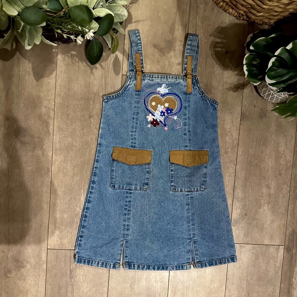Vintage 2000s Girl’s Denim Overall Style Dress Suede Accents Princess Disney